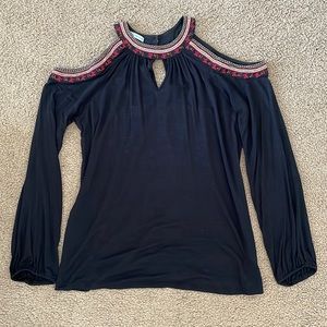 Open Shoulder High Neck Long Sleeve Shirt.